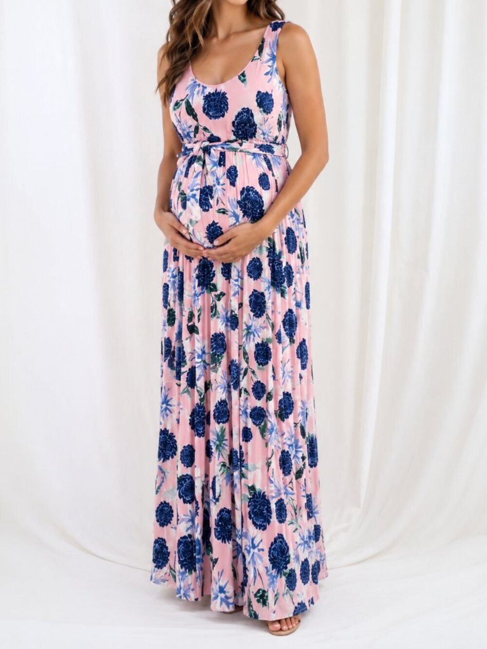 A PEA IN THE POD Pink & Blue Floral Sleeveless Belted Maxi Dress